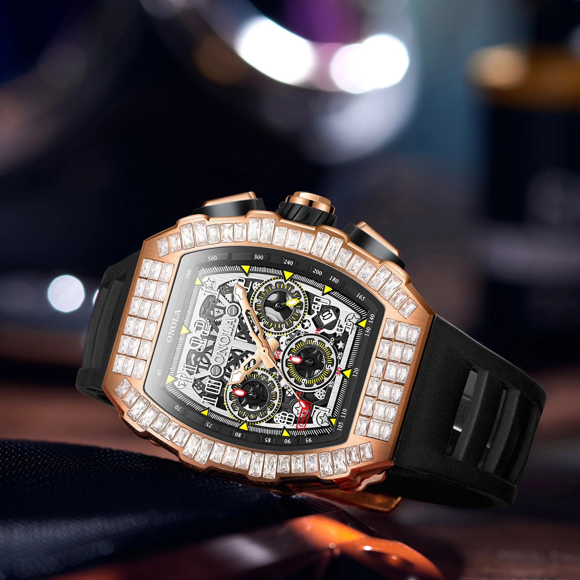 ONOLA Luxury Automatic Men’s Watch | Iced-Out Skeleton Dial Italian Design | Sport & Military Mechanical Wristwatch