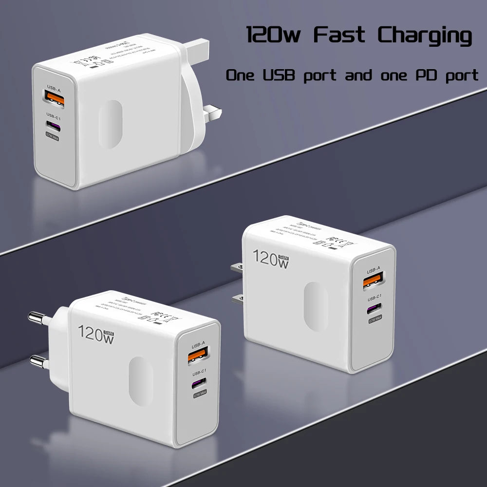 120W Fast Charger with USB Type-C PD Cable – Ultra-Speed Power Adapter