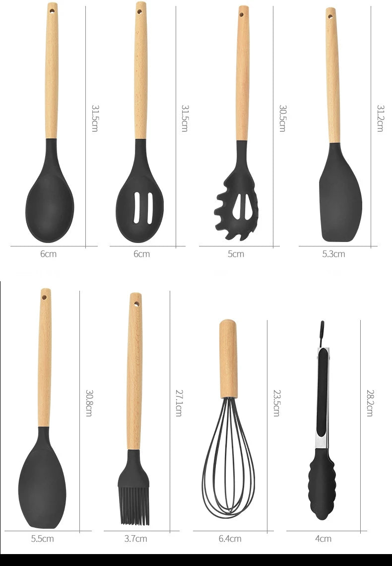 12PCS Silicone Non-Stick Kitchen Utensil Set with Wooden Handles