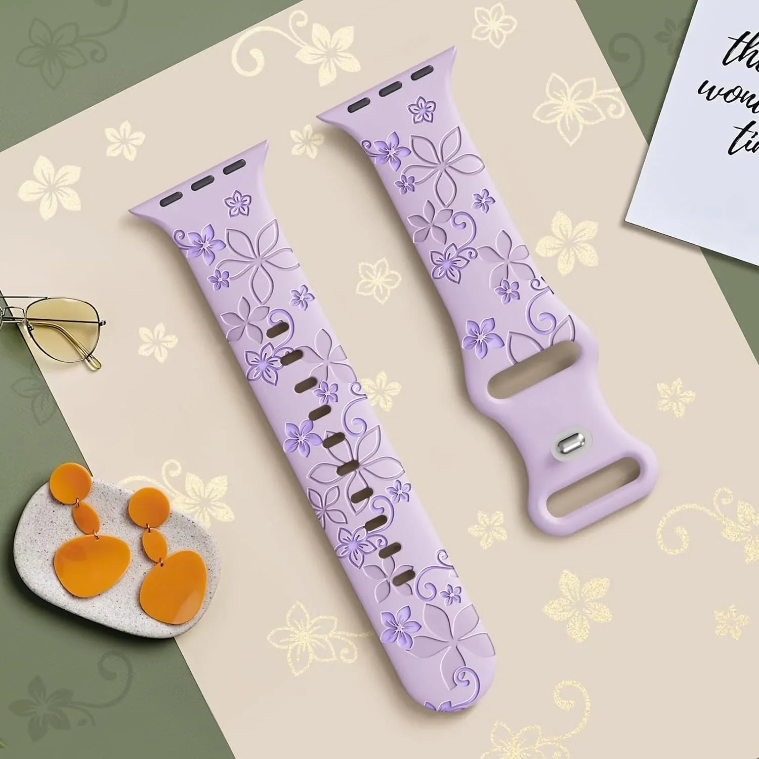 Floral Engraved Silicone Band for Apple Watch | Two-Tone Designer Replacement Strap for Series 1-11, SE & Ultra (38mm - 49mm)