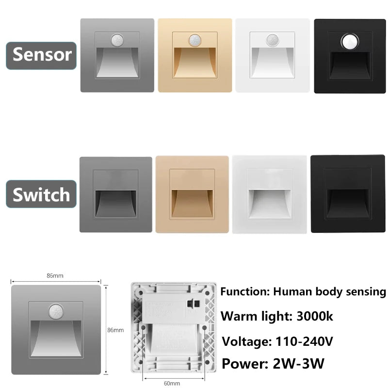 PIR Motion Sensor LED Night Light | Recessed Footlight for Walls & Staircases (AC 110–240V)