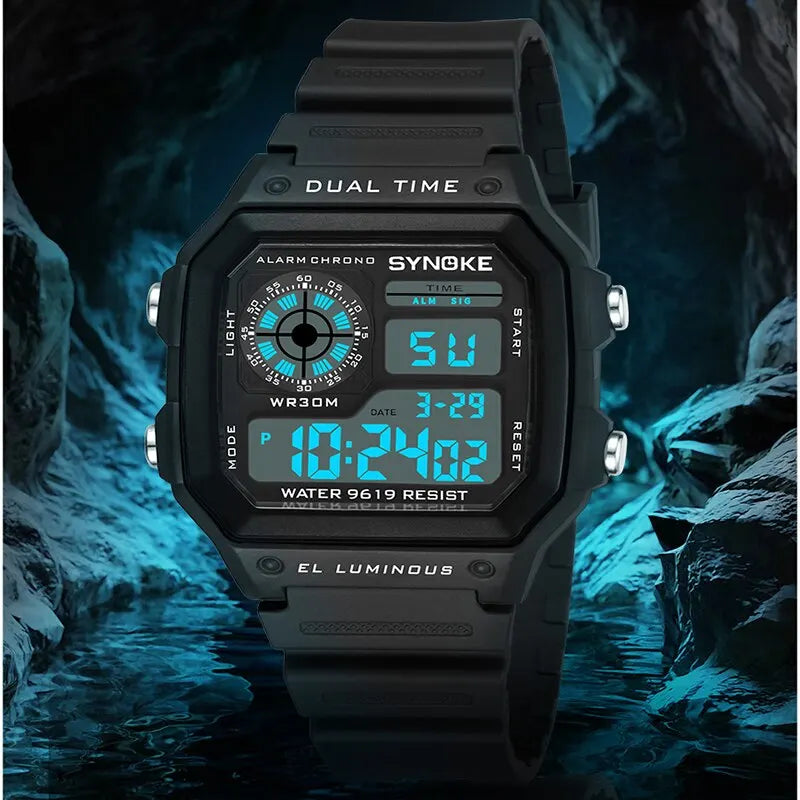 SYNOKE Men's Military Digital Sports Watch | Waterproof Chronograph with EL Luminous Display & Square Rubber Case