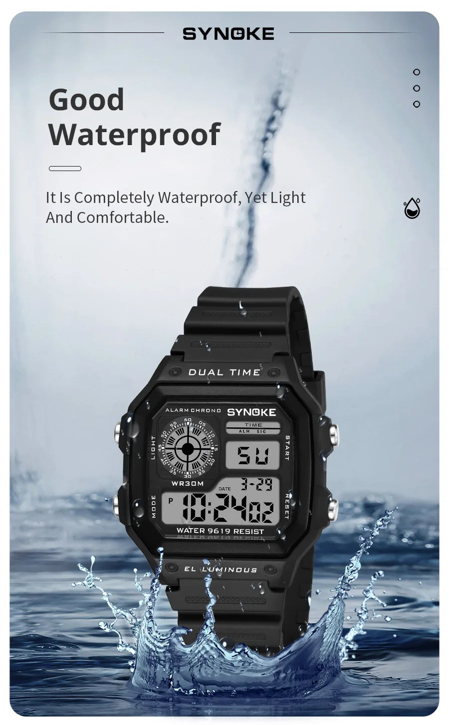 SYNOKE Men's Military Digital Sports Watch | Waterproof Chronograph with EL Luminous Display & Square Rubber Case