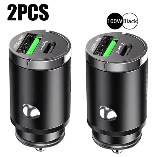 Mini 100W Car Charger – Dual USB & Type-C Ultra-Fast Charging