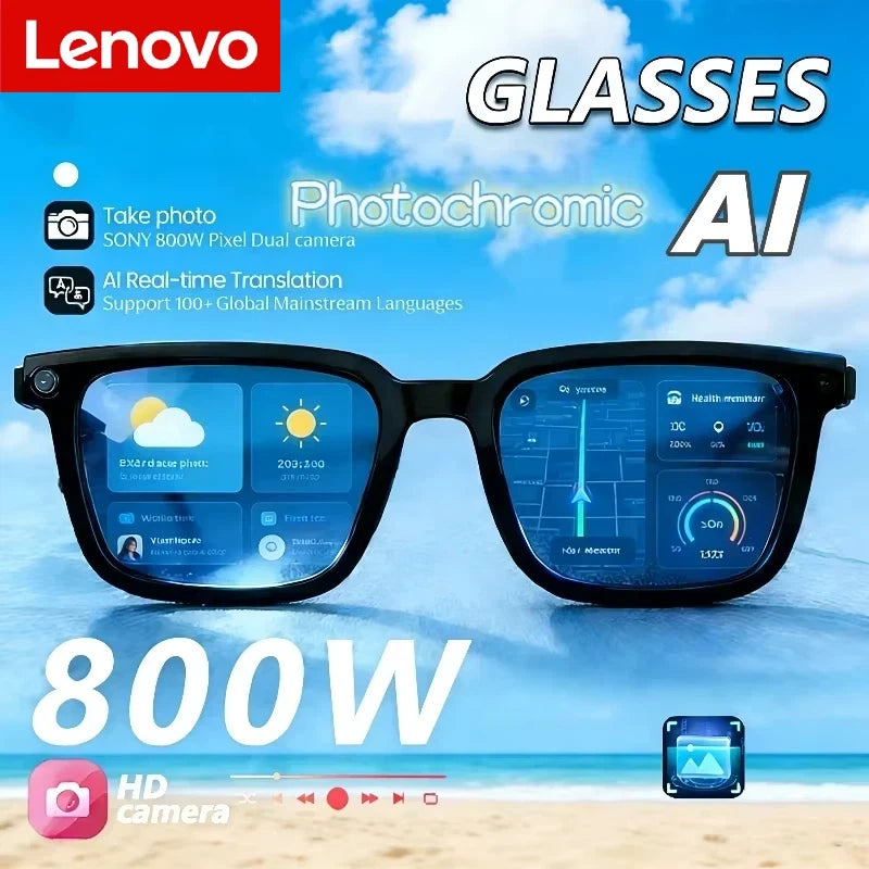 Lenovo Photochromic AI Smart Glasses | Wireless Bluetooth Sunglasses with 800W HD Camera & Real-Time Translator