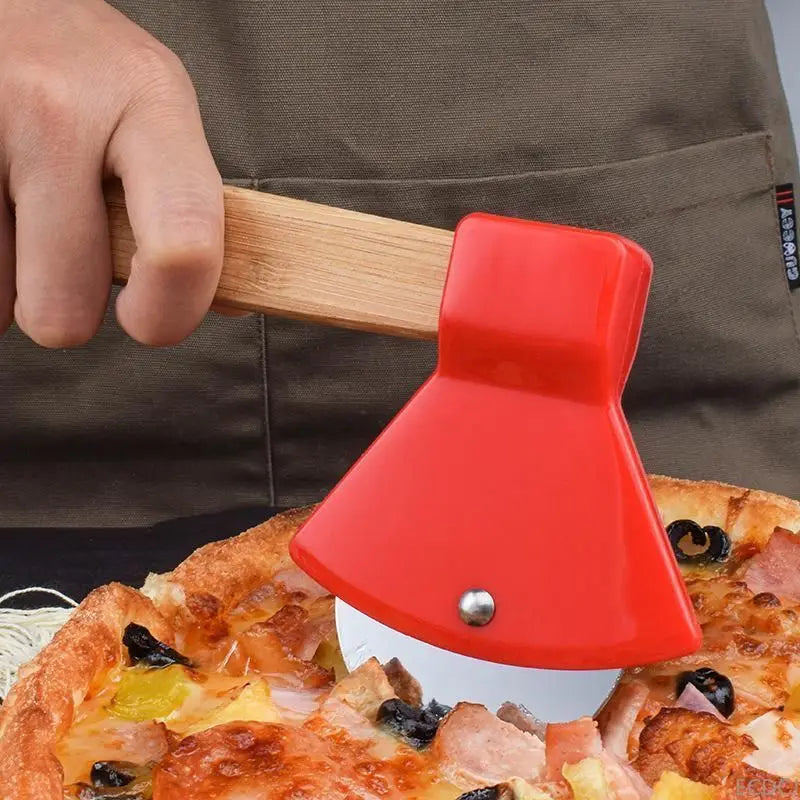 Axe-Shaped Stainless Steel Pizza Cutter Slicer with Bamboo Handle