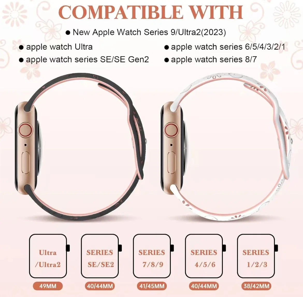 Floral Engraved Silicone Band for Apple Watch | Two-Tone Designer Replacement Strap for Series 1-11, SE & Ultra (38mm - 49mm)