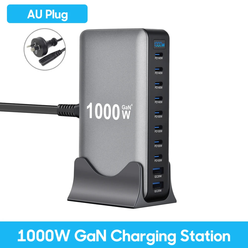 1000W GaN Desktop Charging Station | 10-Port USB-C & USB-A Fast Charger with PD 3.1 & PPS for Laptops, Tablets & Smartphones