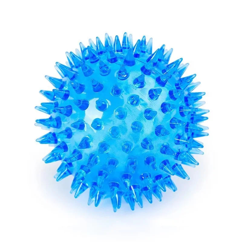 Durable squeaky spiked dog ball for teeth cleaning and play.