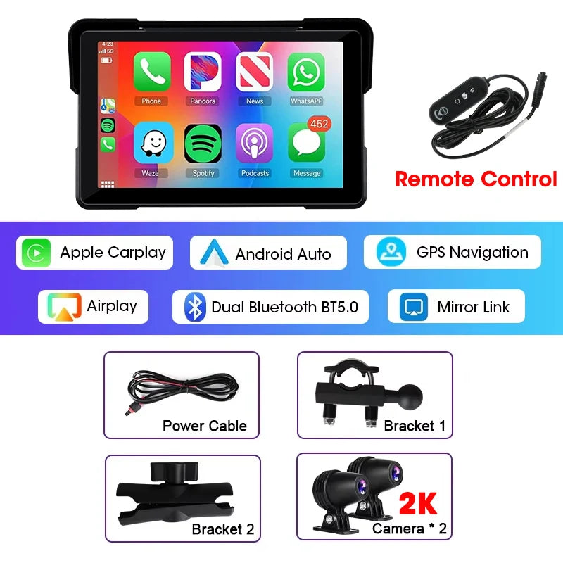 Jansite 5"/7" Motorcycle CarPlay & Android Auto GPS Monitor – IPX7 Waterproof DVR
