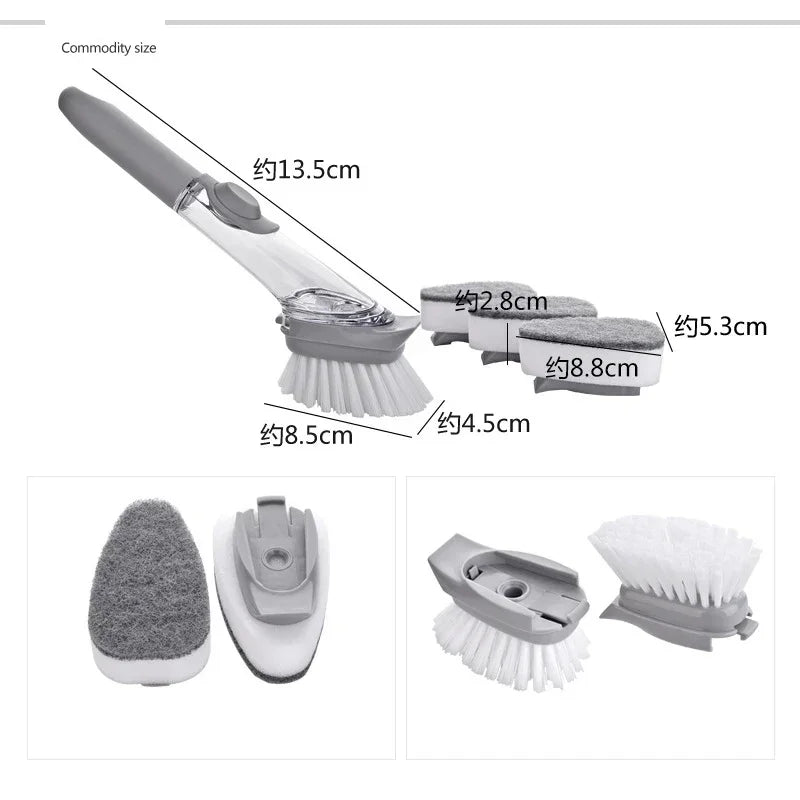2-in-1 Soap Dispensing Dish Brush Set | Long Handle Kitchen Scrubber with Replaceable Sponge Heads