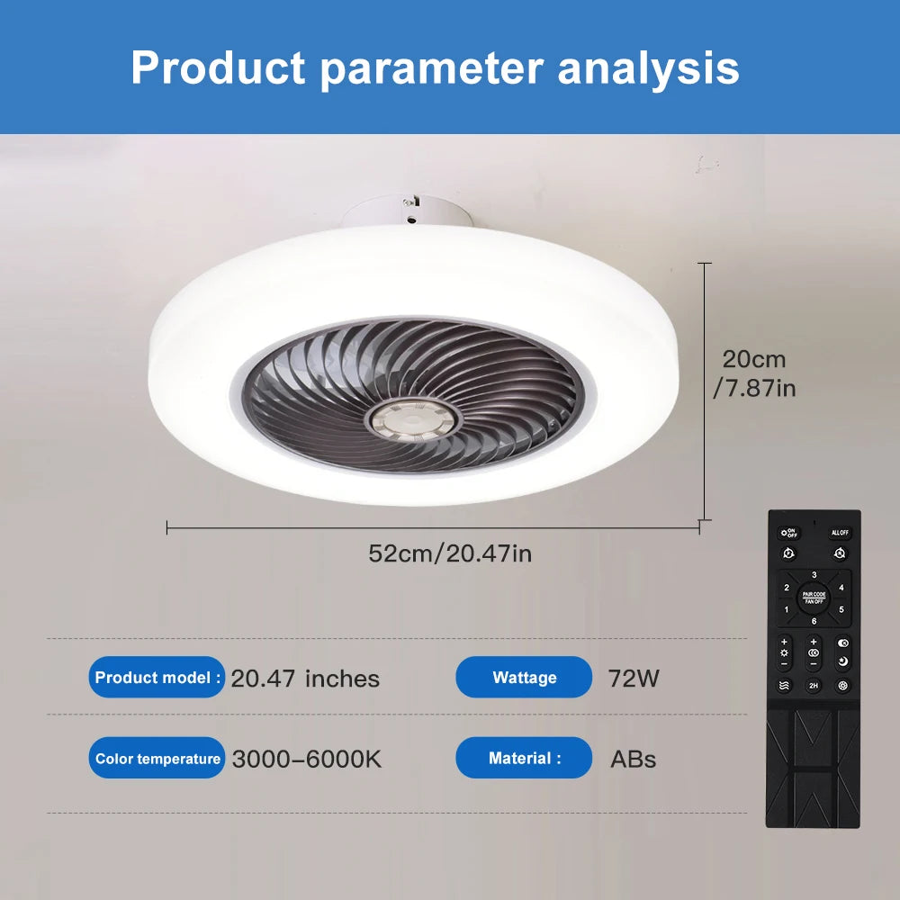 Smart Ceiling Fan with LED Light | Silent 52cm Invisible Blade Flush Mount Fan with Remote Control