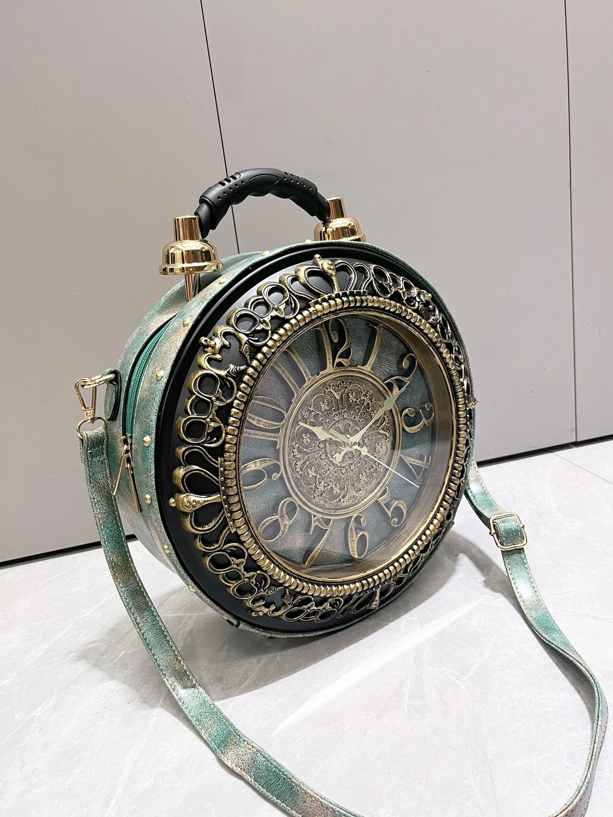 Vintage Clock-Shaped PU Leather Crossbody Handbag