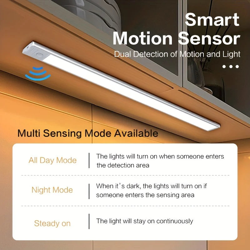 LED Motion Sensor Under-Cabinet Light | Wireless Metal Night Lamp with 3 Color Temperatures & USB Rechargeable Battery for Kitchen, Bedroom & Closets