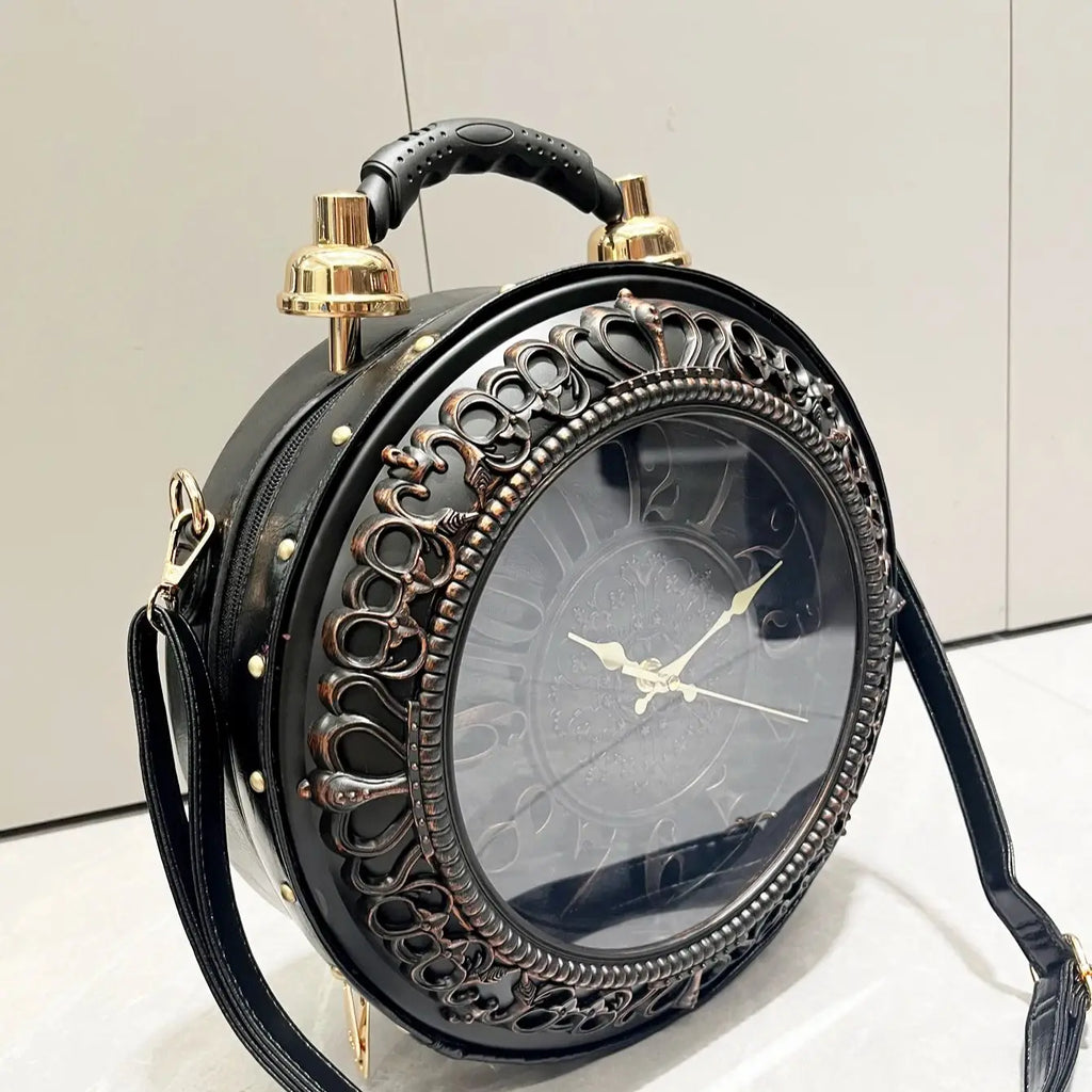 Vintage Clock-Shaped PU Leather Crossbody Handbag