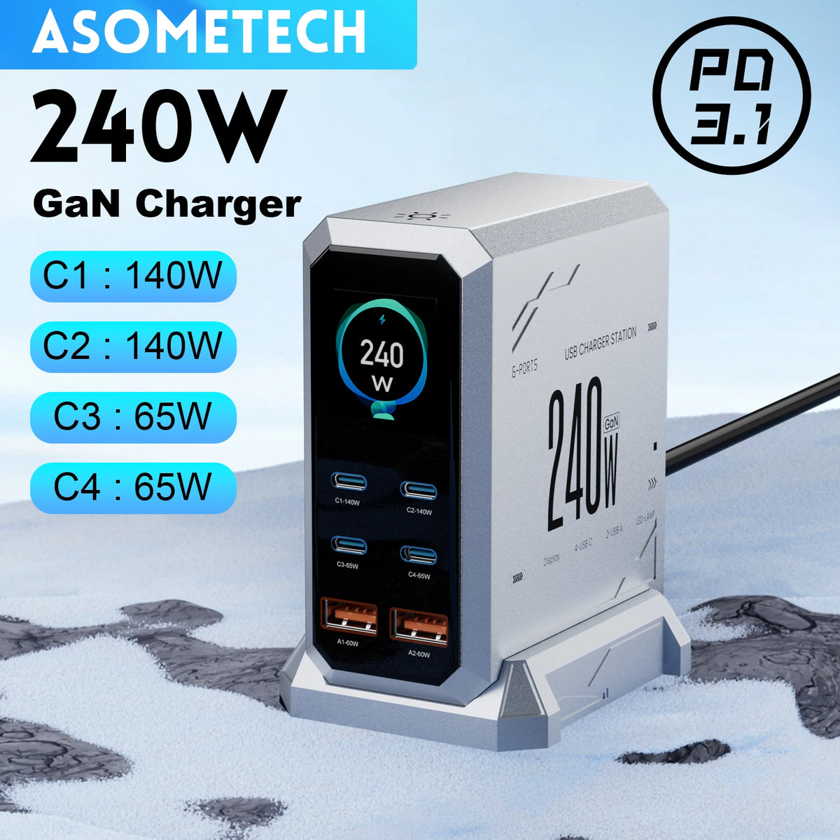 ASOMETECH 240W GaN Desktop Charging Station | 6-in-1 Multi-Port Charger with 140W PD 3.1, PPS & Digital Display