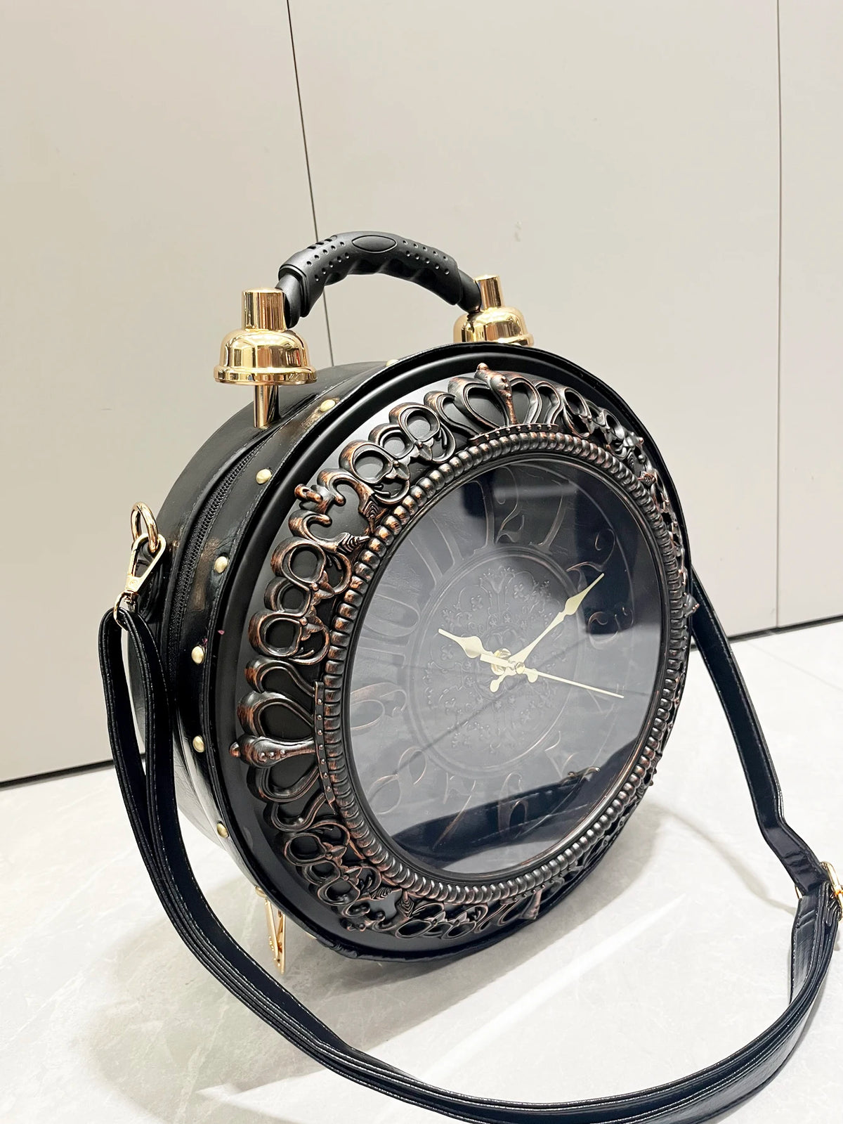 Vintage Clock-Shaped PU Leather Crossbody Handbag