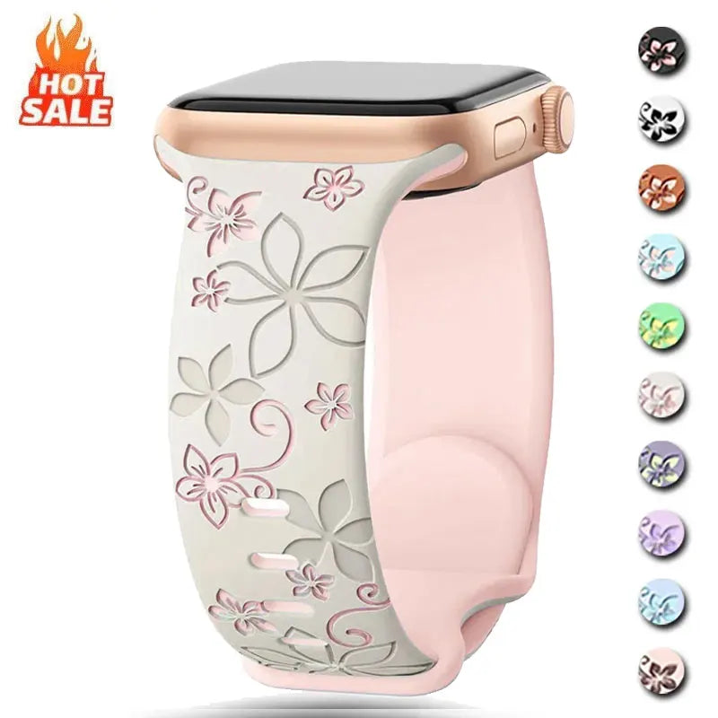 Floral Engraved Silicone Band for Apple Watch | Two-Tone Designer Replacement Strap for Series 1-11, SE & Ultra (38mm - 49mm)