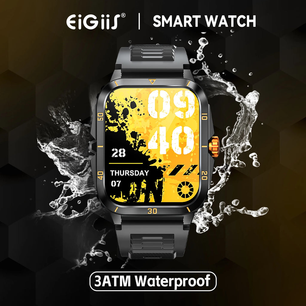 EIGIIS KT71 Rugged Smart Watch for Men | 1.96" HD Screen, Bluetooth Calling & Health Tracking (Black/Orange)