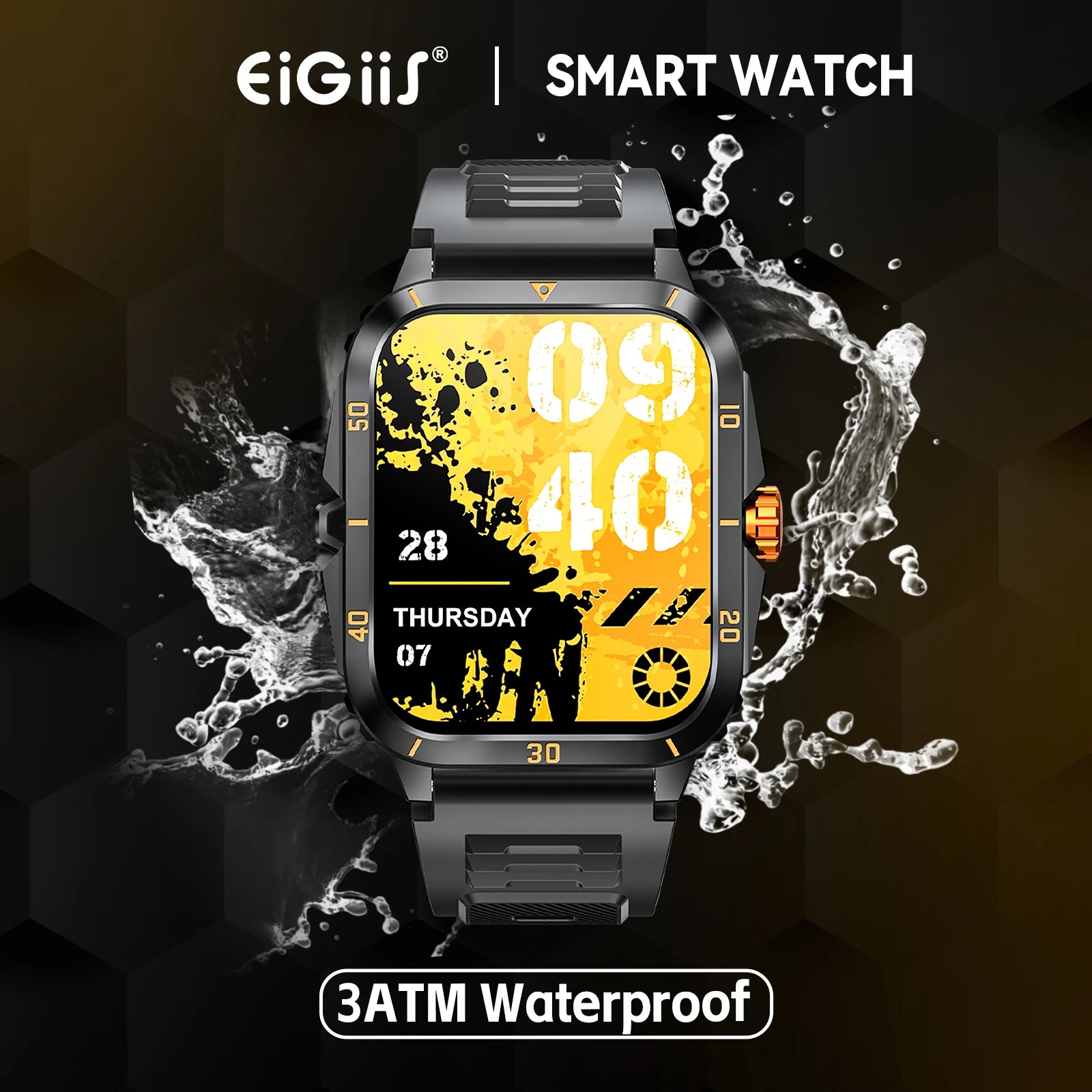 EIGIIS KT71 Rugged Smart Watch for Men | 1.96" HD Screen, Bluetooth Calling & Health Tracking (Black/Orange)