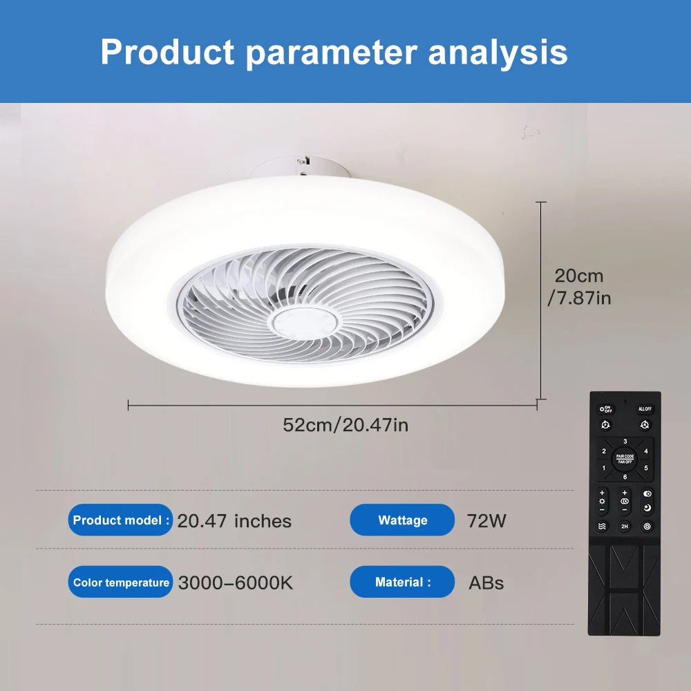 Smart Ceiling Fan with LED Light | Silent 52cm Invisible Blade Flush Mount Fan with Remote Control