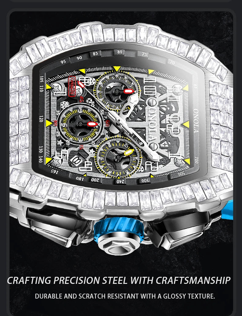 ONOLA Luxury Automatic Men’s Watch | Iced-Out Skeleton Dial Italian Design | Sport & Military Mechanical Wristwatch