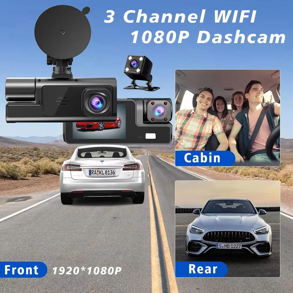 WiFi 3-Channel HD Dash Cam 1080P – Front, Cabin & Rear Coverage