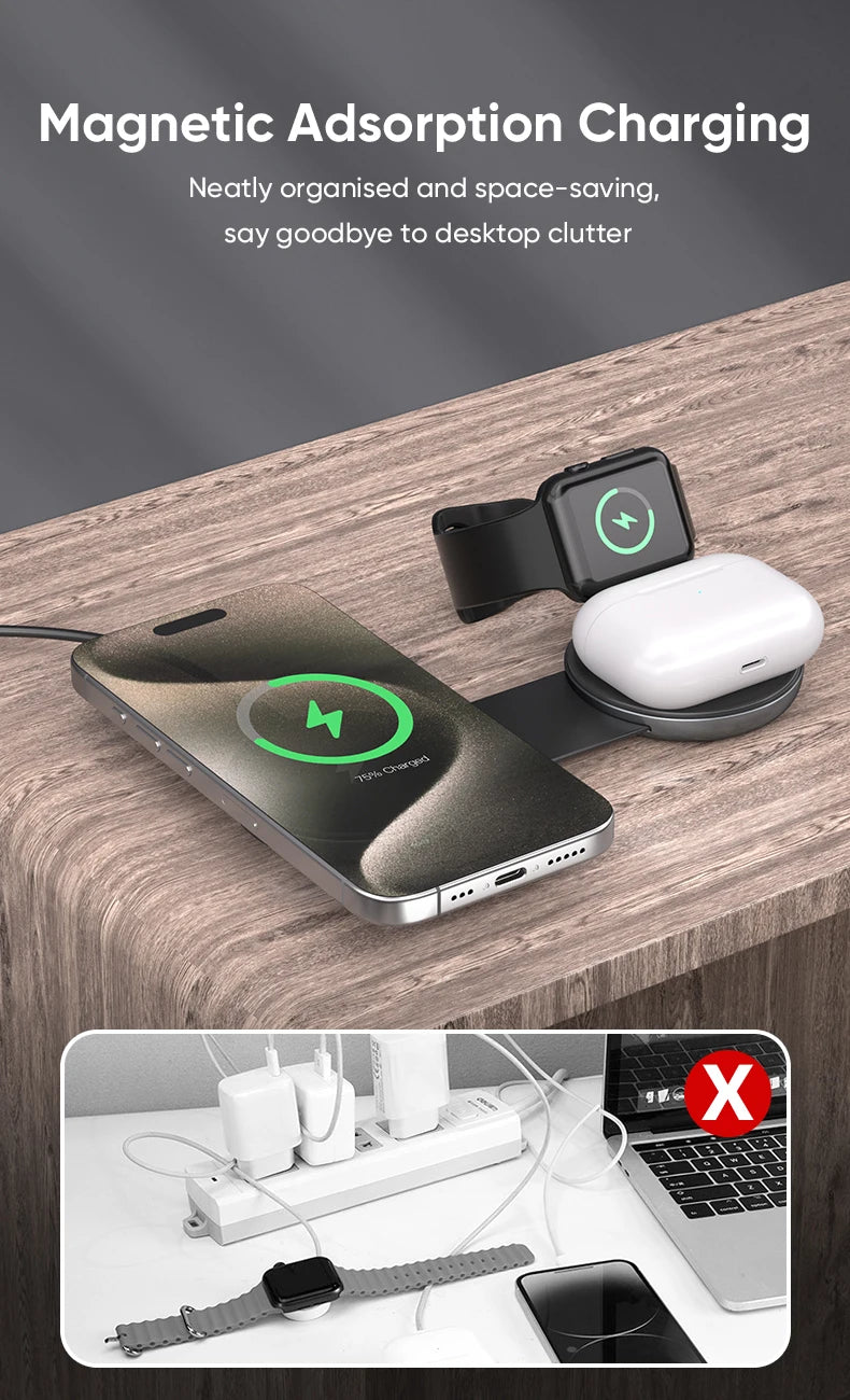 AUFU 3-in-1 Foldable Magnetic Wireless Charging Station | 15W Fast Travel Charger Stand
