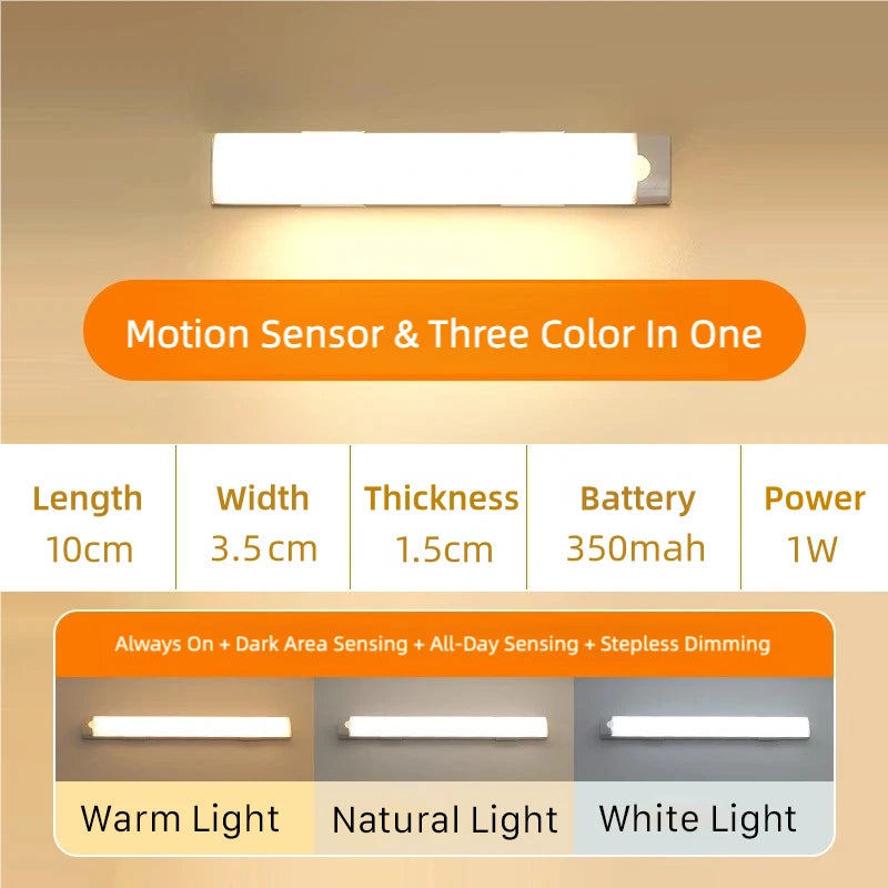 LED Motion Sensor Under-Cabinet Light | Wireless Metal Night Lamp with 3 Color Temperatures & USB Rechargeable Battery for Kitchen, Bedroom & Closets