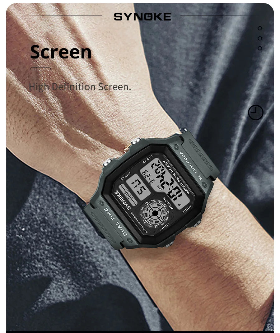 SYNOKE Men's Military Digital Sports Watch | Waterproof Chronograph with EL Luminous Display & Square Rubber Case