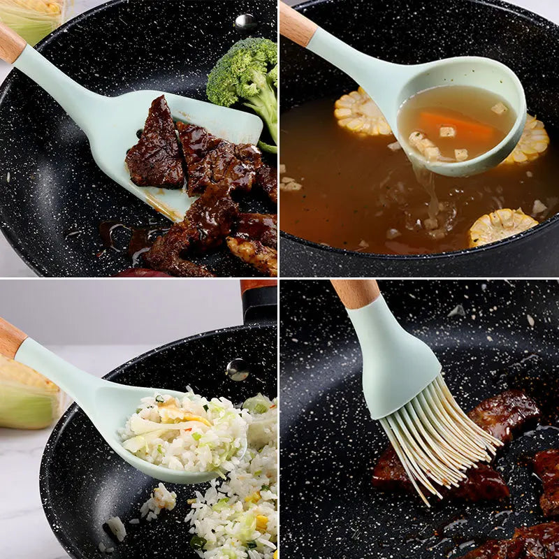 12PCS Silicone Non-Stick Kitchen Utensil Set with Wooden Handles