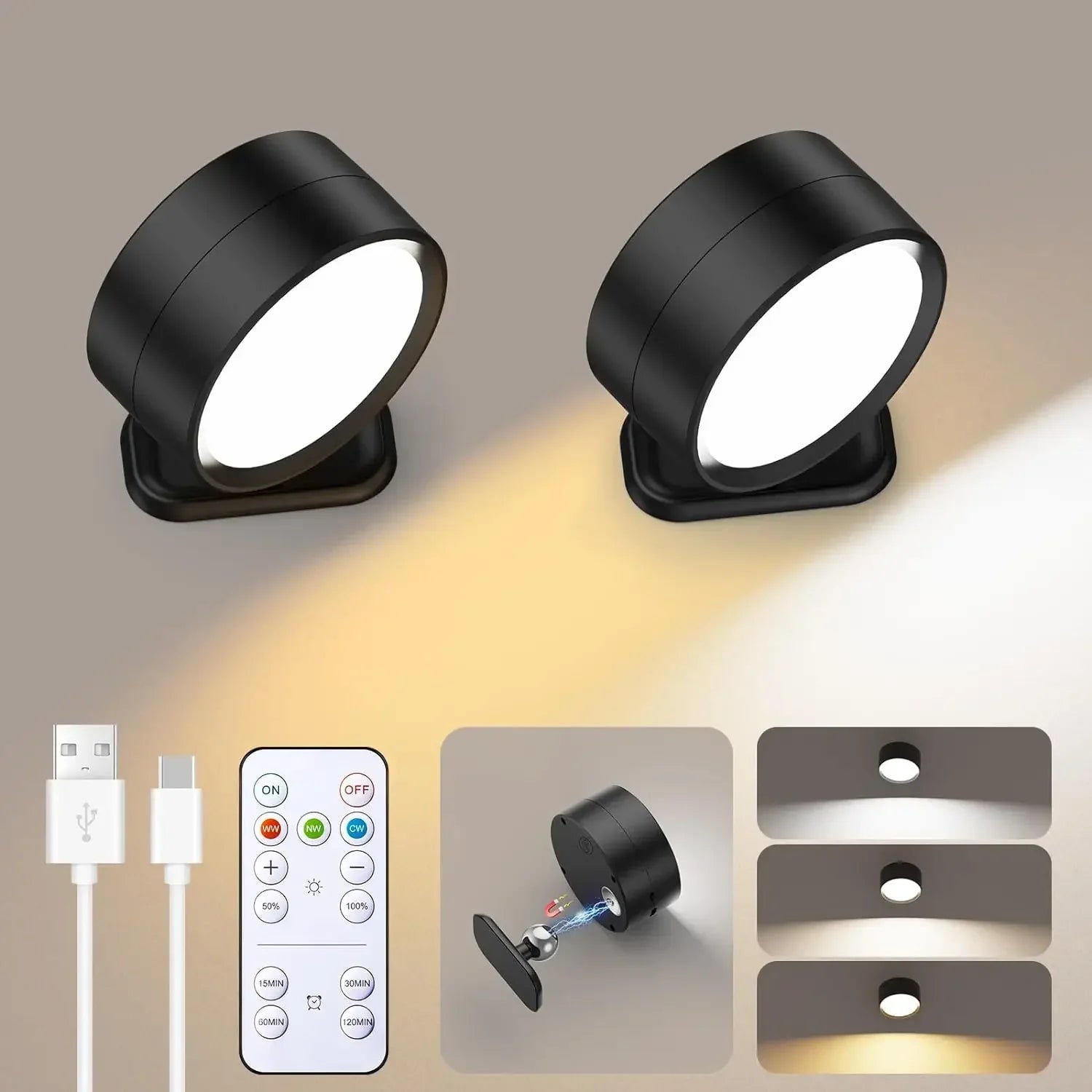 LED Magnetic Wall Sconce Light | Rechargeable Dimmable Wall-Mounted Lamp with Remote & 360° Rotation