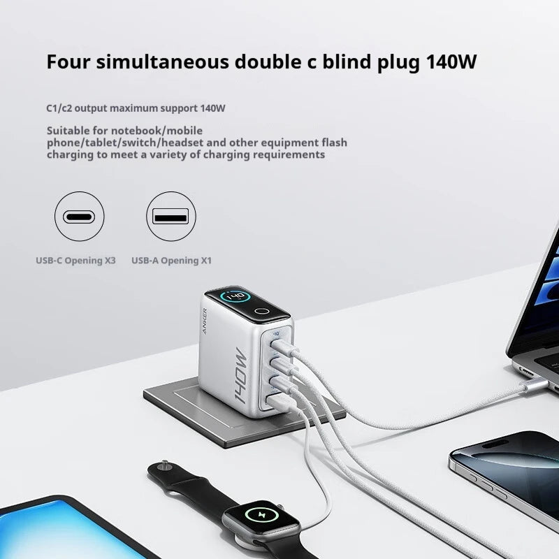 Anker Zolo 140W GaN Fast Charger | Four-Port Wall Adapter with AI Smart Display Screen