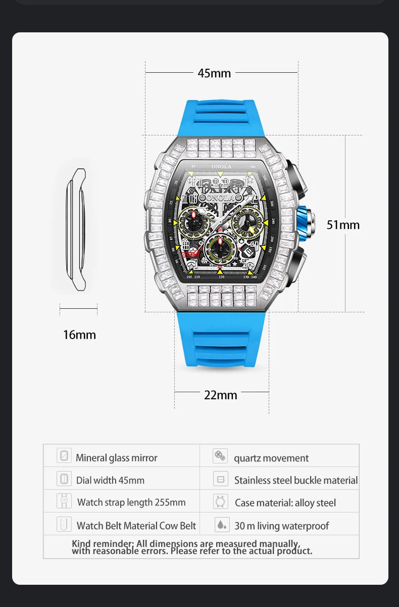 ONOLA Luxury Automatic Men’s Watch | Iced-Out Skeleton Dial Italian Design | Sport & Military Mechanical Wristwatch