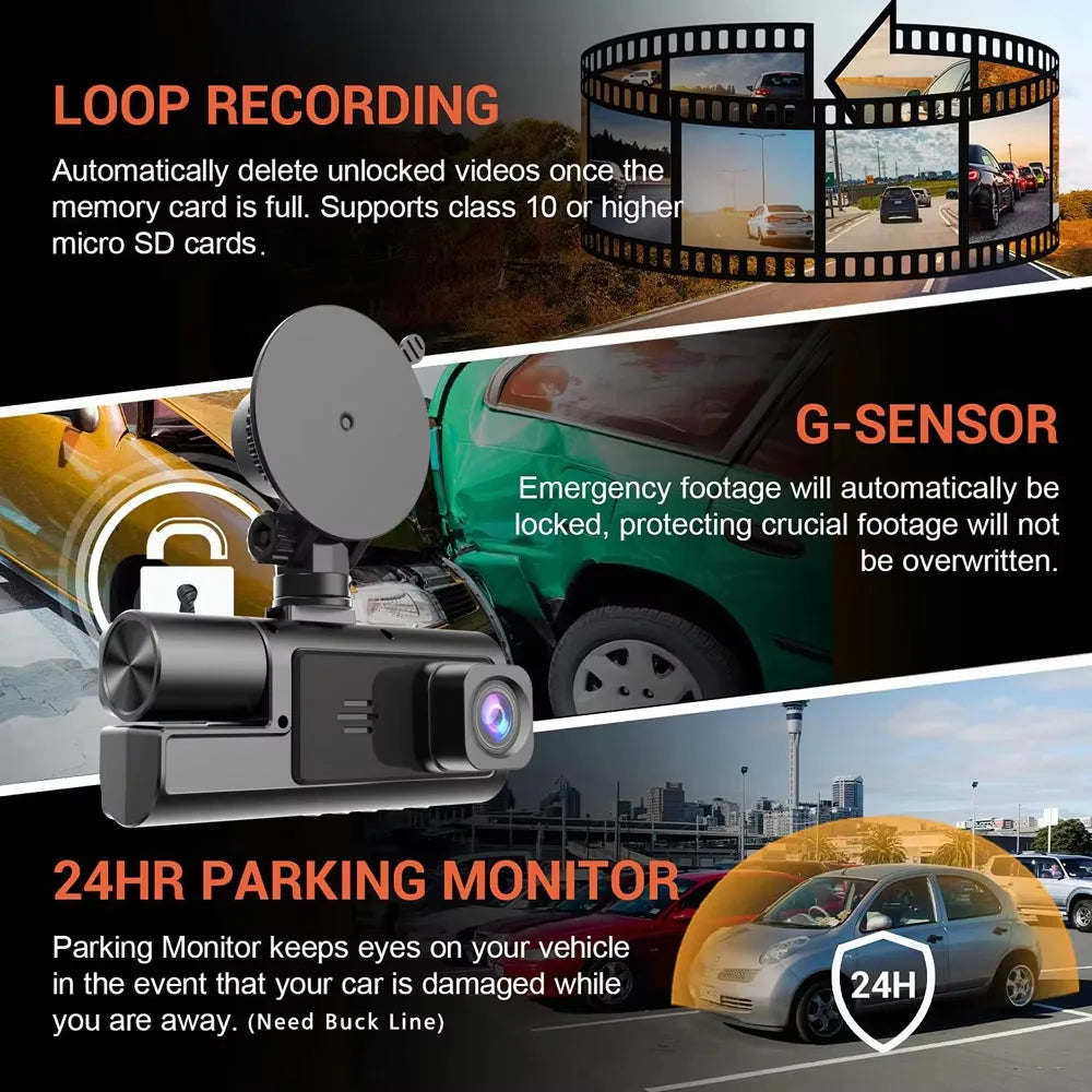 WiFi 3-Channel HD Dash Cam 1080P – Front, Cabin & Rear Coverage