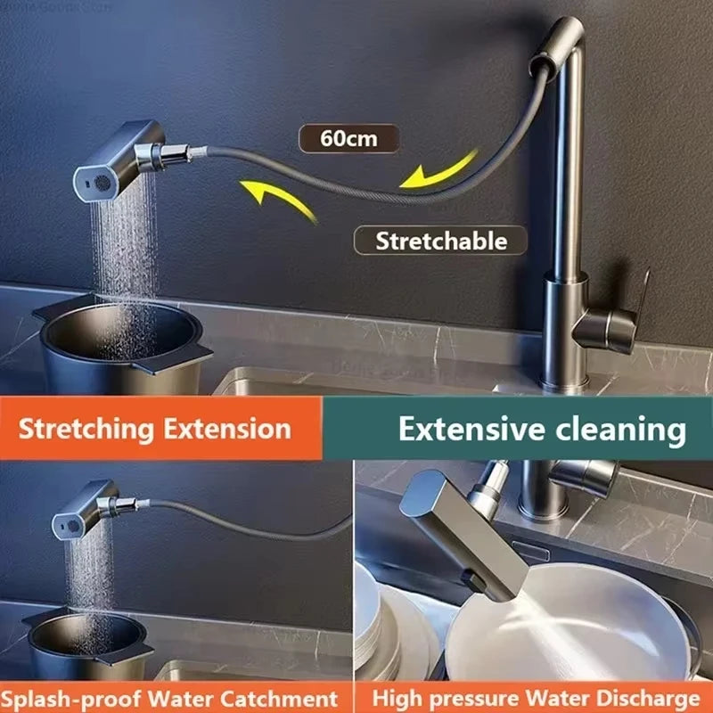 Waterfall Kitchen Pull-Out Faucet 3-Mode Flexible Sink Mixer Tap Stainless Steel