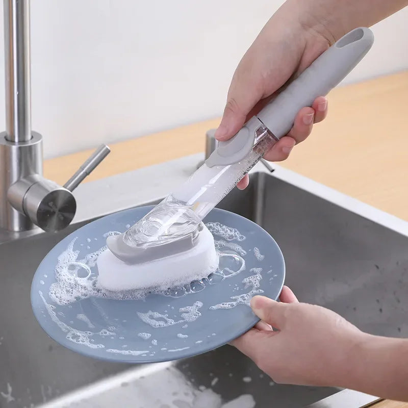 2-in-1 Soap Dispensing Dish Brush Set | Long Handle Kitchen Scrubber with Replaceable Sponge Heads