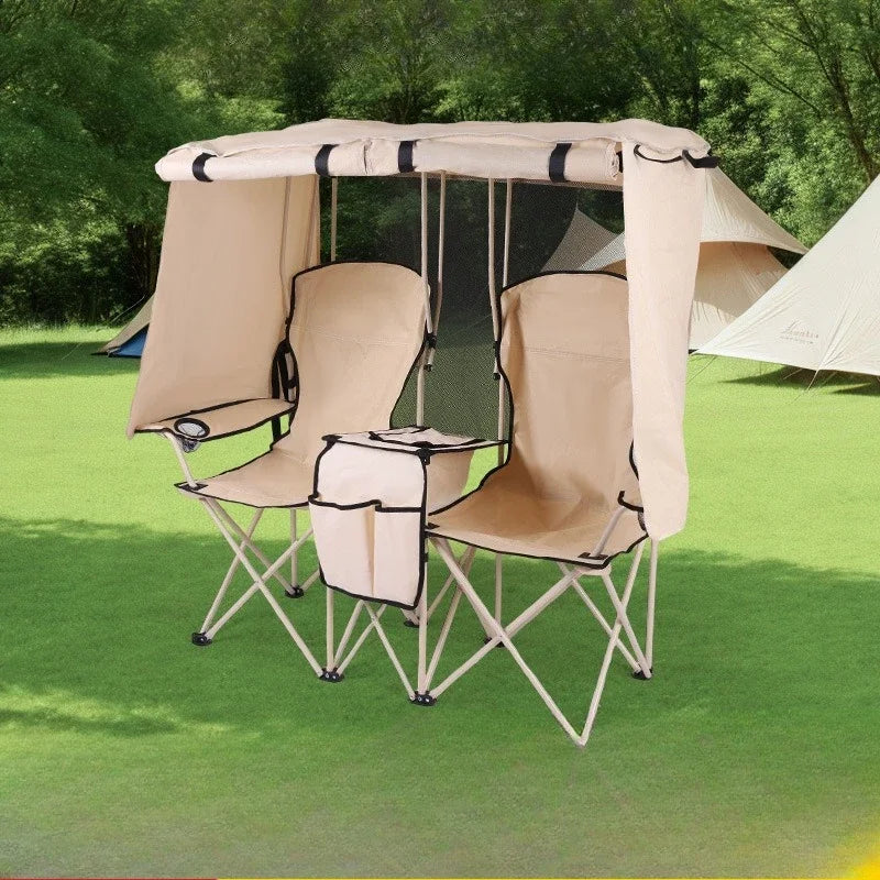 Foldable Double Leisure Seat with Shade Cover | Lightweight Outdoor Camping Chair with Center Cooler Console