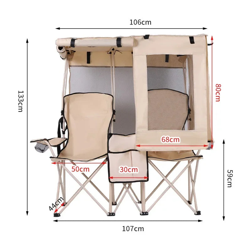 Foldable Double Leisure Seat with Shade Cover | Lightweight Outdoor Camping Chair with Center Cooler Console