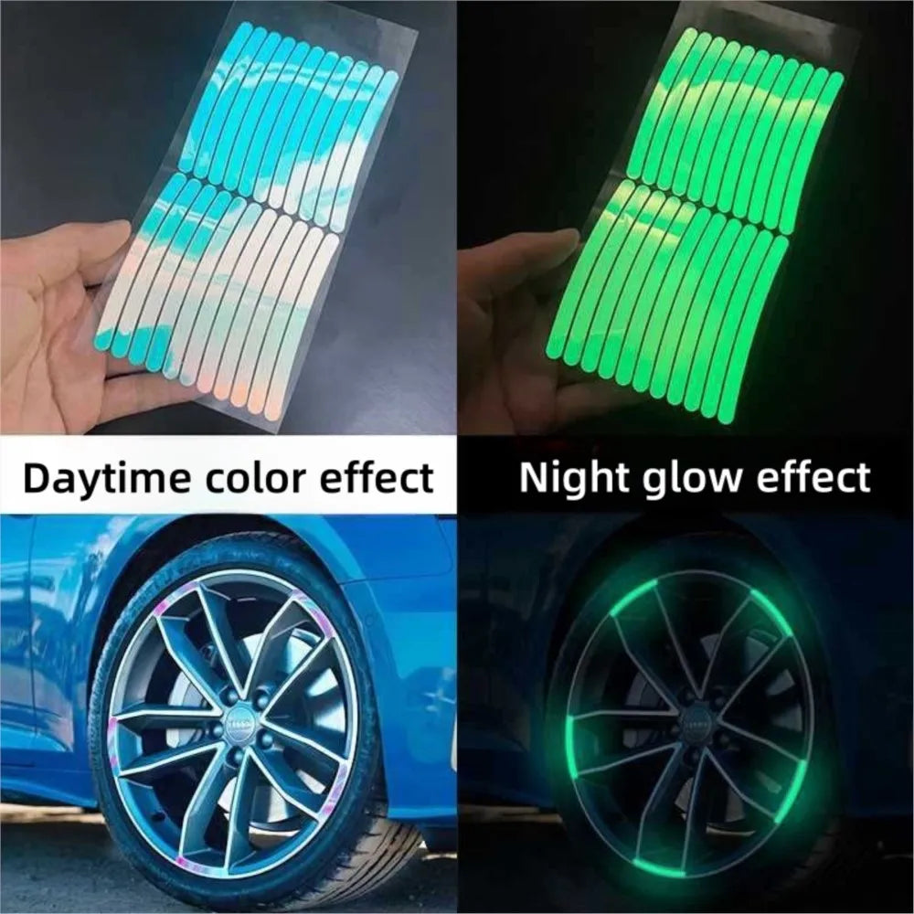 20pcs Car Wheel Hub Reflective Sticker Set | Luminous Tire Rim Safety Strips for Night Driving
