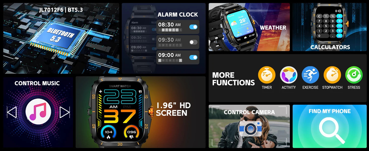 EIGIIS KT71 Rugged Smart Watch for Men | 1.96" HD Screen, Bluetooth Calling & Health Tracking (Black/Orange)