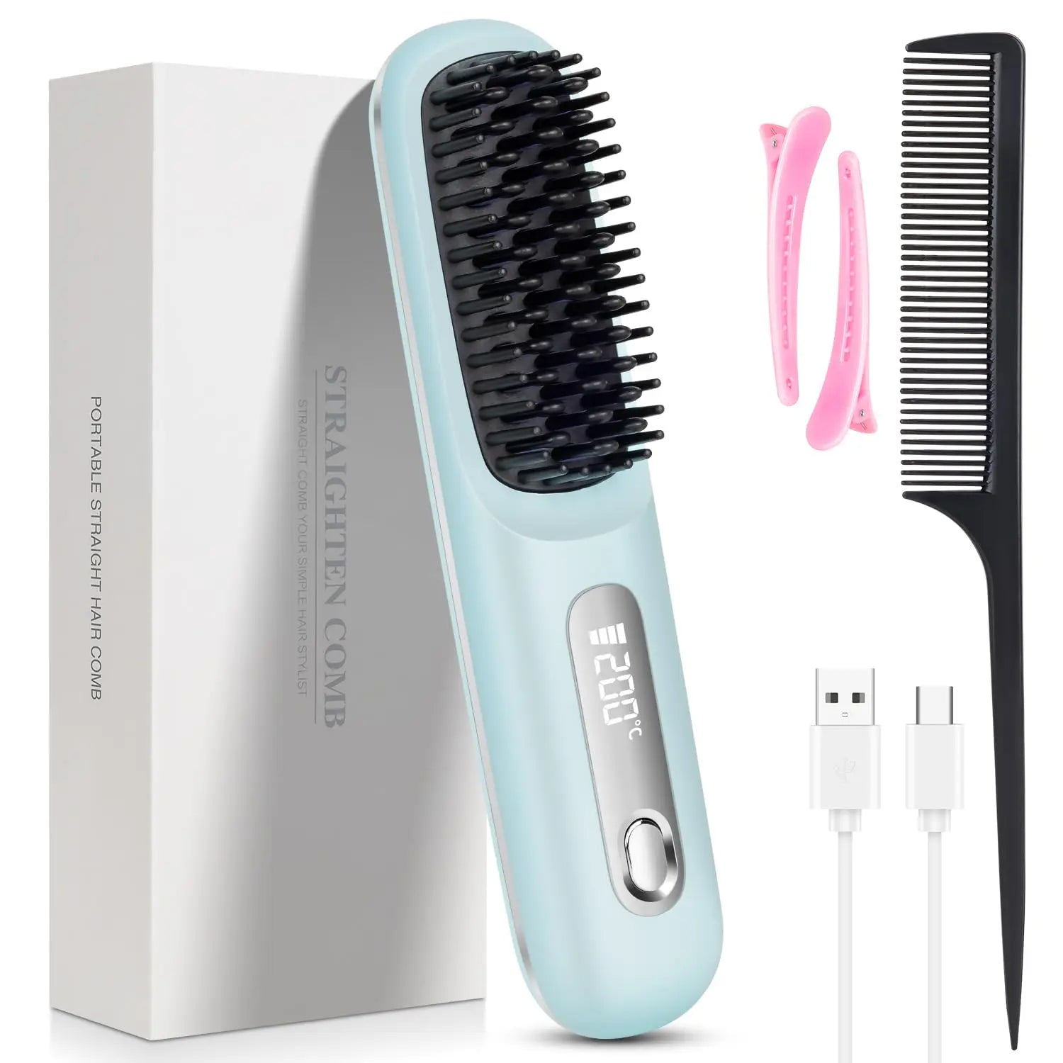 Cordless Hair Straightener Brush | USB Rechargeable Ceramic Straightening Comb