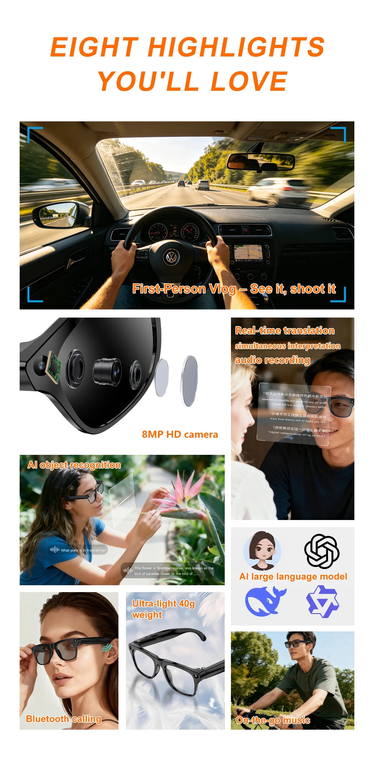Lenovo Smart AI Glasses | 800W HD 8K Shooting Camera, Bluetooth Voice Call, AI Translation & Audio Smart Wearable