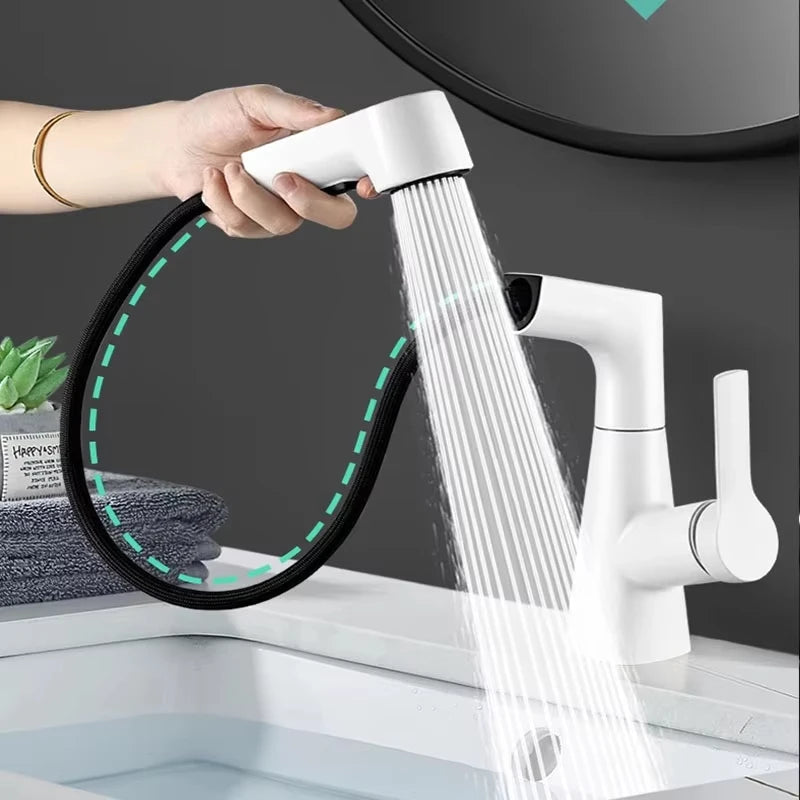Pull-Out Brass Bathroom Basin Faucet Dual-Function Rotating Smart Water Tap
