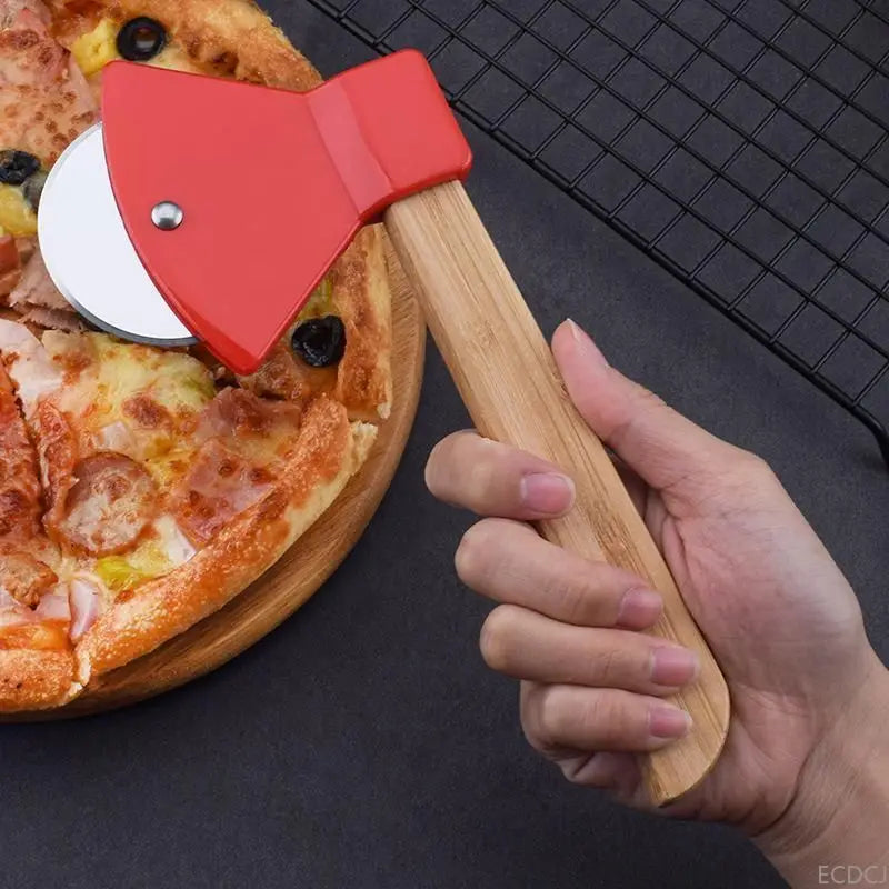 Axe-Shaped Stainless Steel Pizza Cutter Slicer with Bamboo Handle