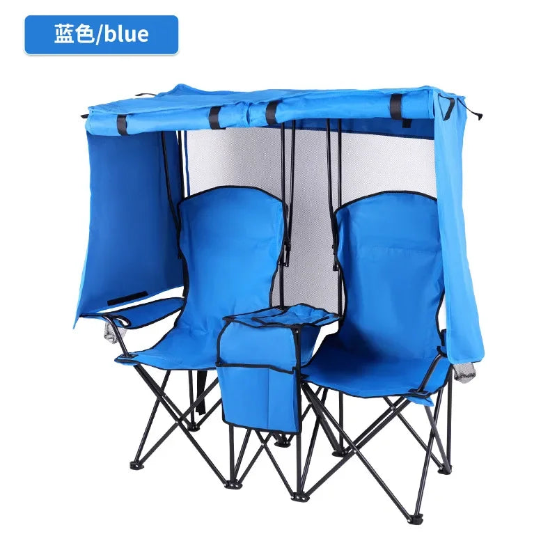 Foldable Double Leisure Seat with Shade Cover | Lightweight Outdoor Camping Chair with Center Cooler Console