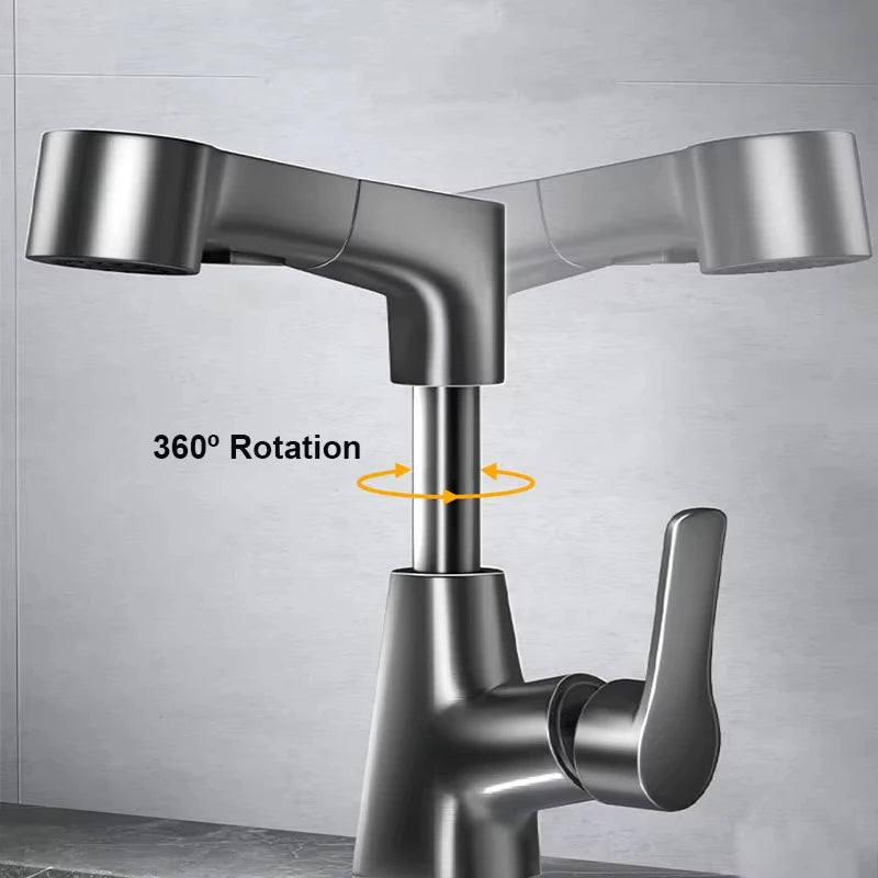 Pull-Out Brass Bathroom Basin Faucet Dual-Function Rotating Smart Water Tap