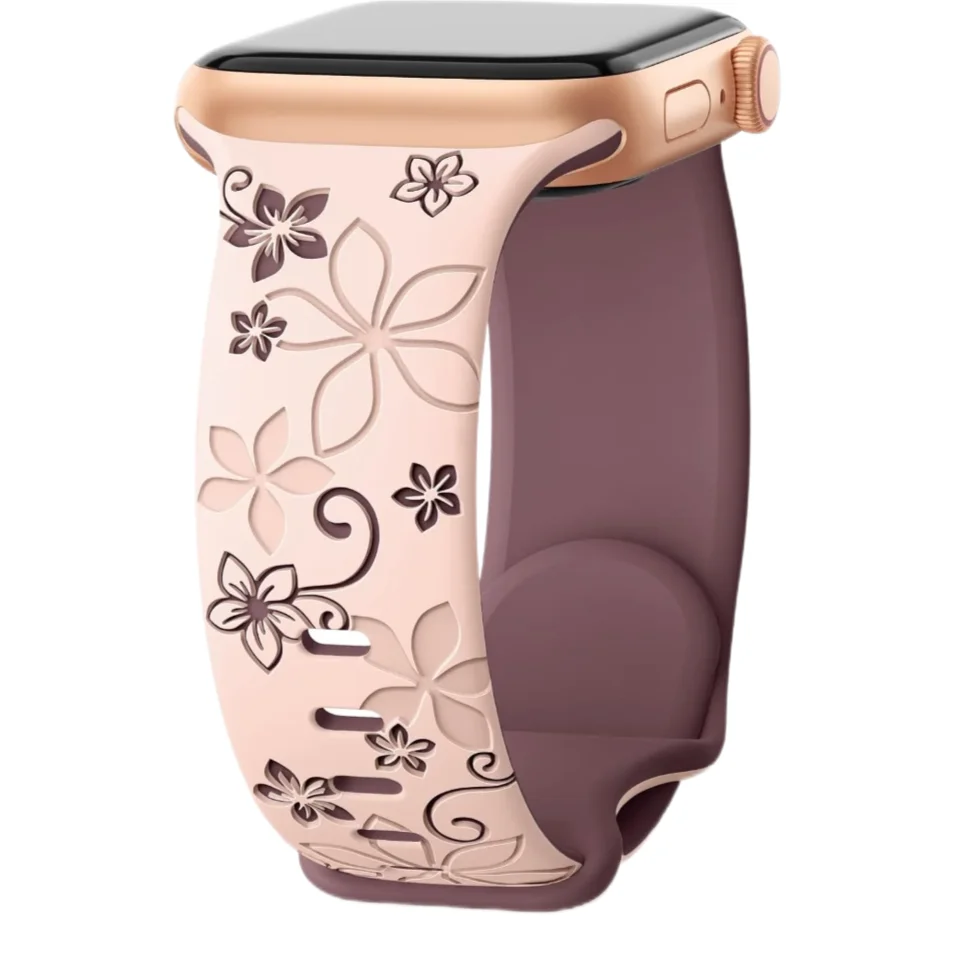 Floral Engraved Silicone Band for Apple Watch | Two-Tone Designer Replacement Strap for Series 1-11, SE & Ultra (38mm - 49mm)