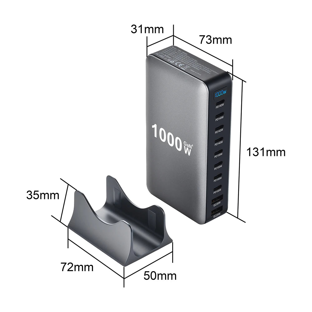 1000W GaN Desktop Charging Station | 10-Port USB-C & USB-A Fast Charger with PD 3.1 & PPS for Laptops, Tablets & Smartphones