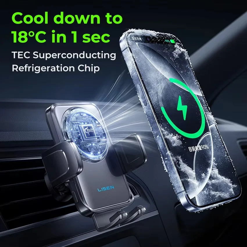 LISEN Upgraded Fast Cooling Wireless Charger Car Mount | Auto-Clamping Smart Sensor Electric Air Vent Holder